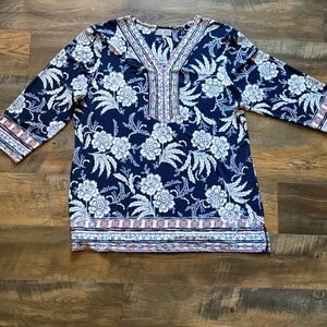 JM Collection Floral Navy and White Tunic Top Stretchy 3/4 length sleeves XXL